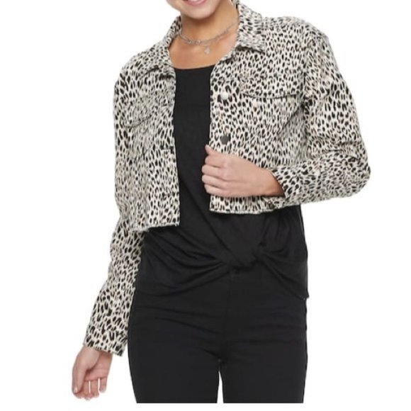 Juniors Leopard Cropped Trucker Jacket - Picture 1 of 4